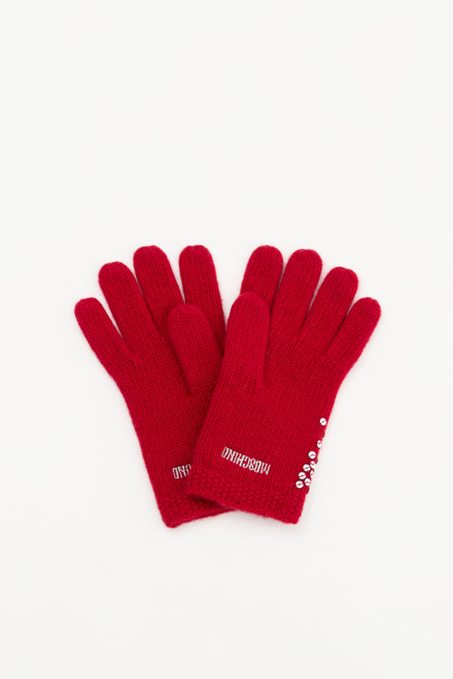 Moschino Red & Silver Sequin Logo Gloves