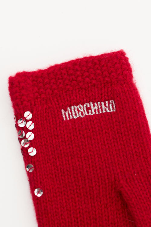 Moschino Red & Silver Sequin Logo Gloves