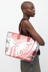 Moschino Red & Silver Leather Logo Tote