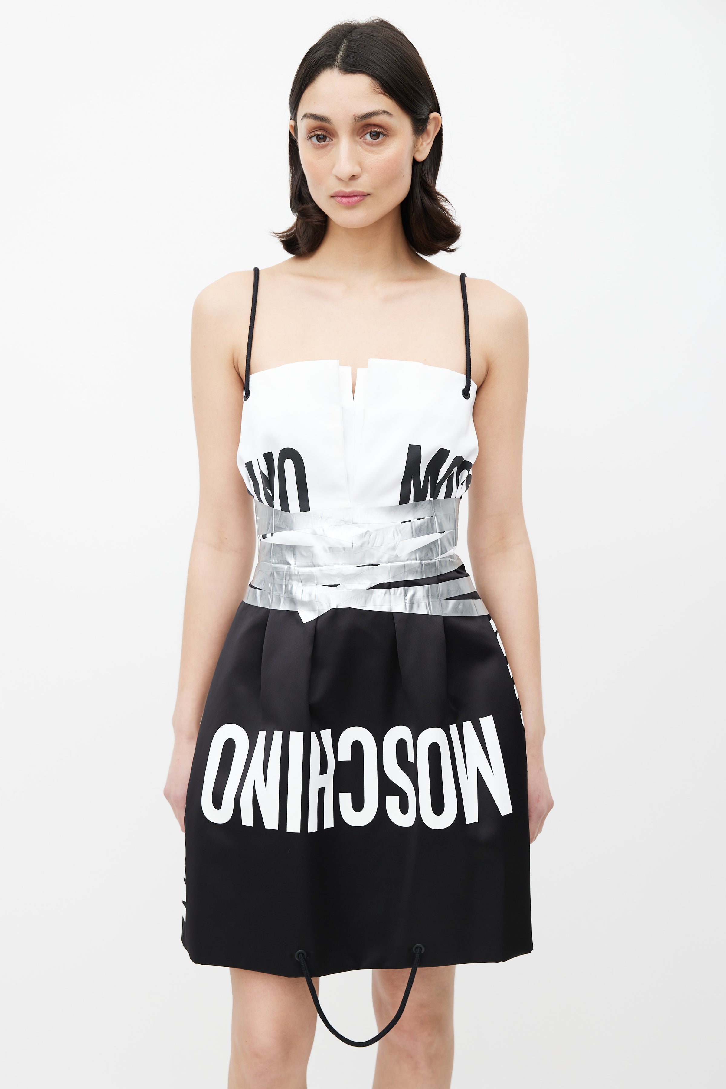 Moschino // Couture FW17 Black & White Logo Mini Dress VSP Consignment Moschino // Couture FW17 Black & White Logo Mini Dress VSP Consignment