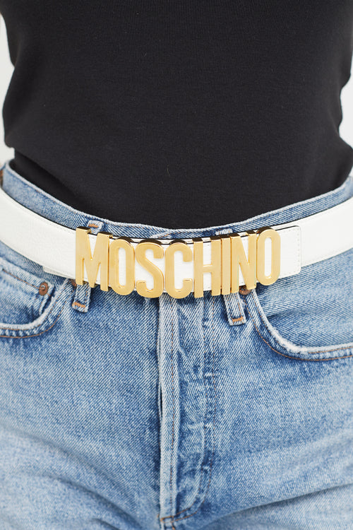 Moschino White Leather & Gold Logo Buckle Belt