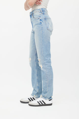 Mother Superior Blue Light Wash Rider Distressed Jeans