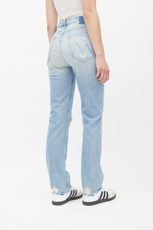Mother Superior Blue Light Wash Rider Distressed Jeans