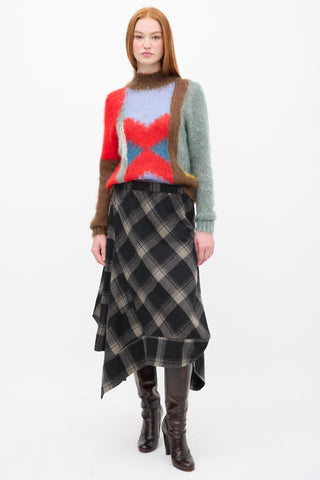 Moyuru Black & Beige Wool Plaid Handkerchief Skirt