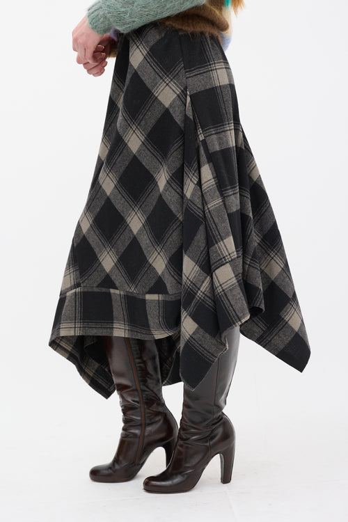 Moyuru Black & Beige Wool Plaid Handkerchief Skirt