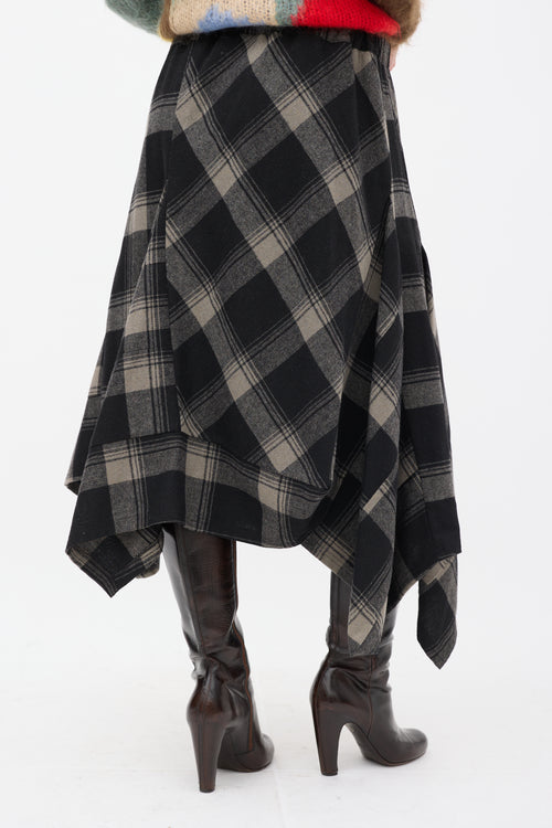 Moyuru Black & Beige Wool Plaid Handkerchief Skirt