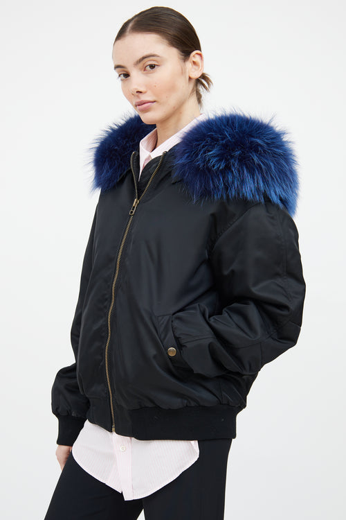 Mr. & Mrs. Black & Blue Fur Trim Bomber Jacket