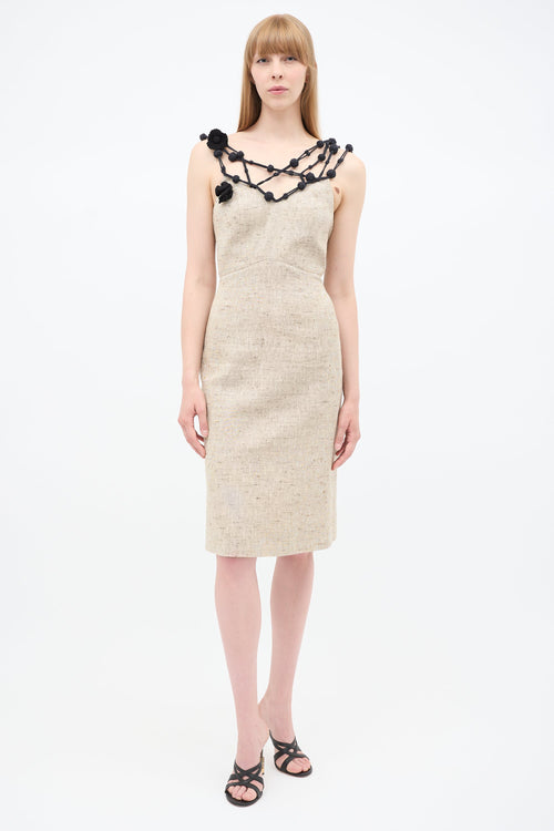 Mugler 1980s Beige Linen & Black Crochet Dress