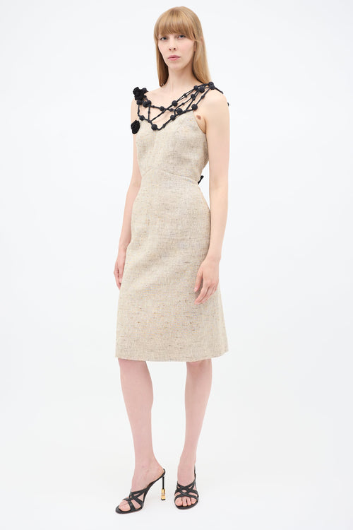 Mugler 1980s Beige Linen & Black Crochet Dress