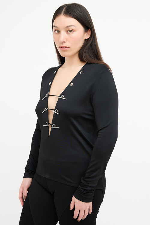 Mugler Black Toggle V-Neck Top