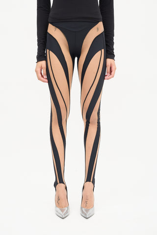 Mugler Black Sheer Spiral Leggings