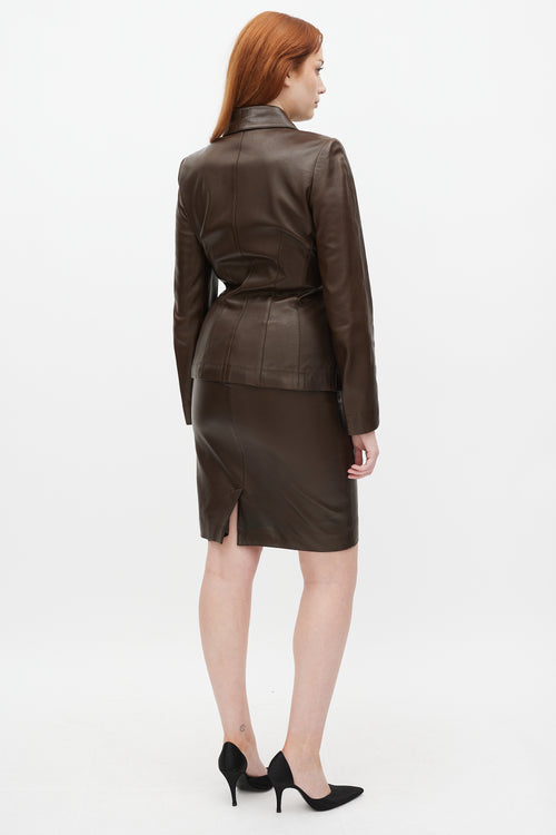 Mugler Brown Leather Skirt Suit