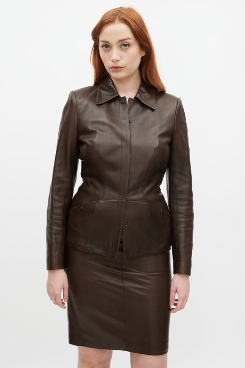Mugler Brown Leather Skirt Suit