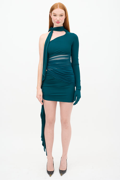 Mugler X H&M Green Ruched Asymmetrical Glove Dress