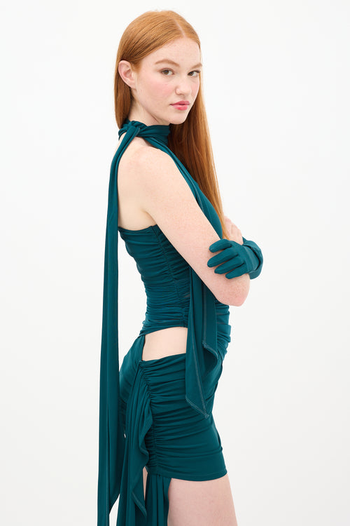 Mugler X H&M Green Ruched Asymmetrical Glove Dress