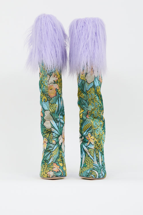 Shuting Qiu Multicolor Faux Fur Floral Jacquard Boot