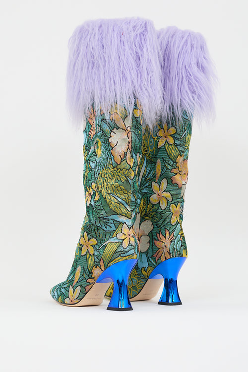 Shuting Qiu Multicolor Faux Fur Floral Jacquard Boot