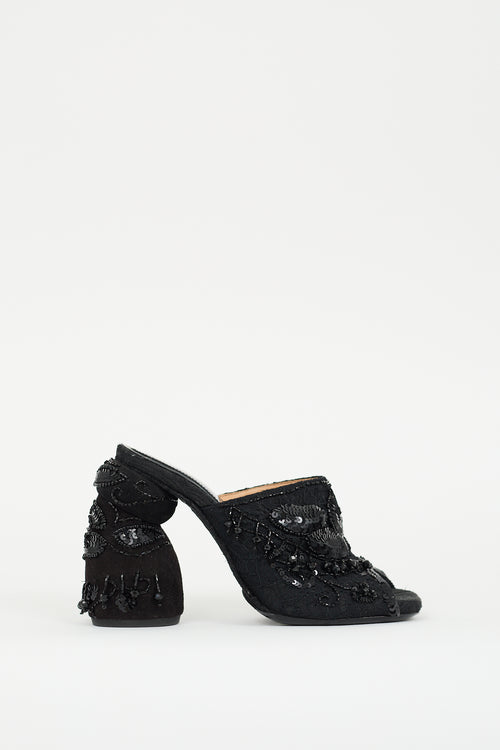 Dries Van Noten Black Beaded Lace Heeled Mule