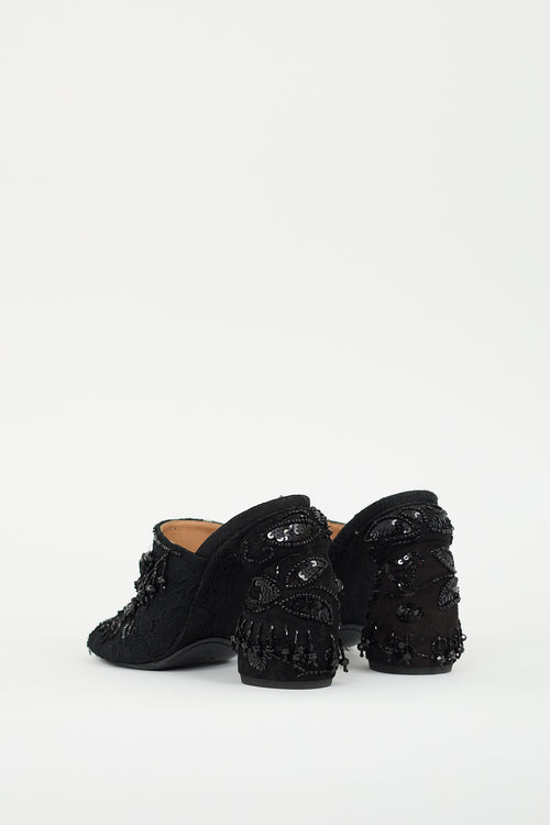 Dries Van Noten Black Beaded Lace Heeled Mule