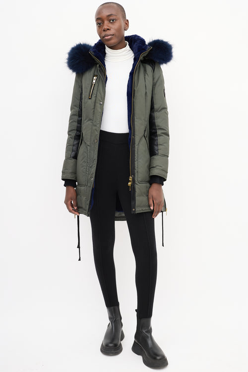 Nicole Benisti Khaki Green & Blue Shearling Down Coat