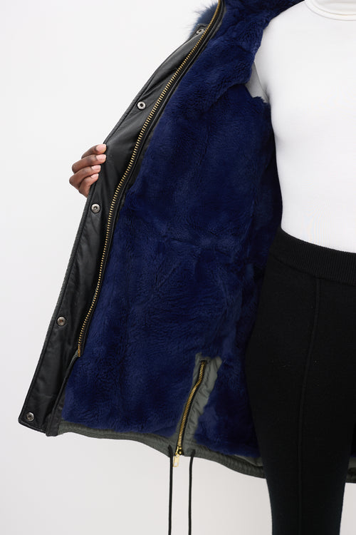 Nicole Benisti Khaki Green & Blue Shearling Down Coat