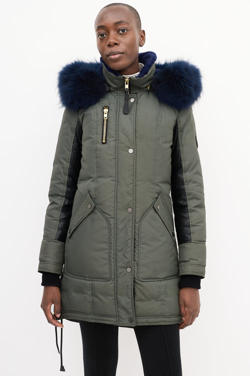 Nicole Benisti Khaki Green & Blue Shearling Down Coat