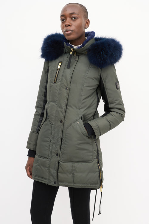 Nicole Benisti Khaki Green & Blue Shearling Down Coat