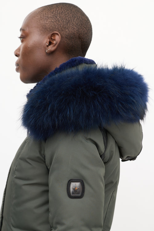 Nicole Benisti Khaki Green & Blue Shearling Down Coat