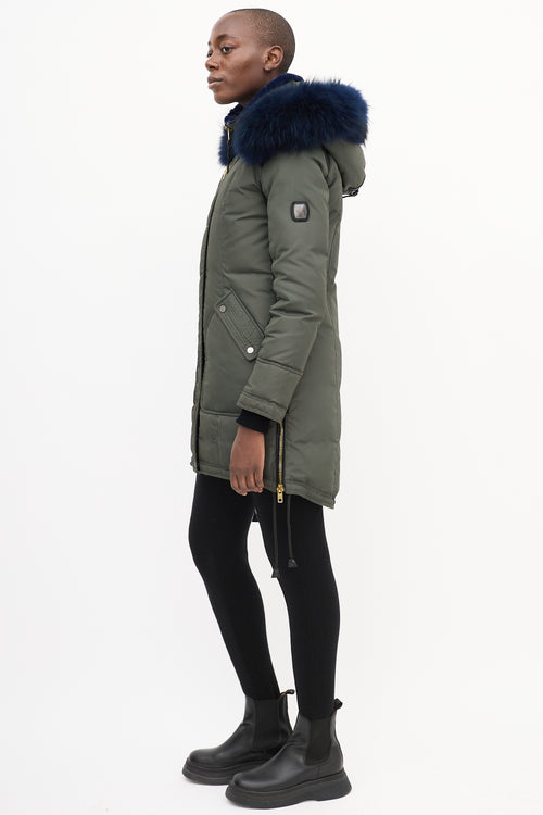 Nicole Benisti Khaki Green & Blue Shearling Down Coat