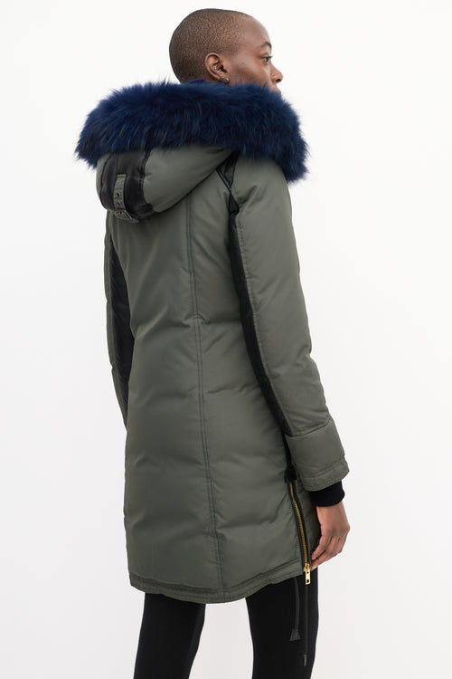 Nicole Benisti Khaki Green & Blue Shearling Down Coat