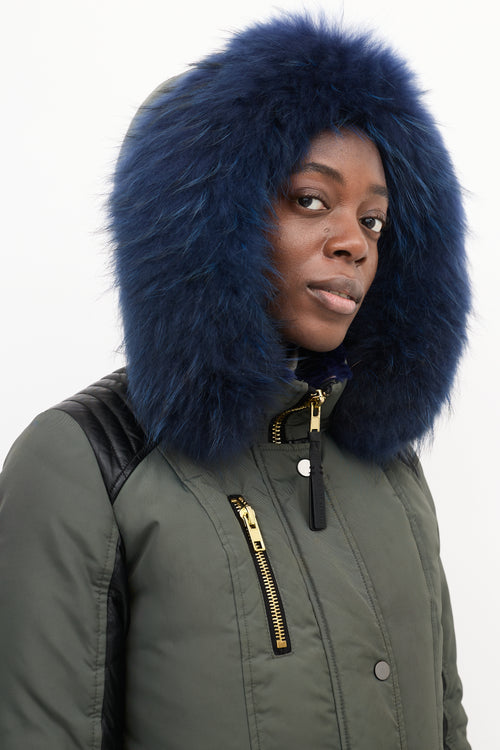 Nicole Benisti Khaki Green & Blue Shearling Down Coat