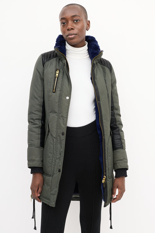 Nicole Benisti Khaki Green & Blue Shearling Down Coat