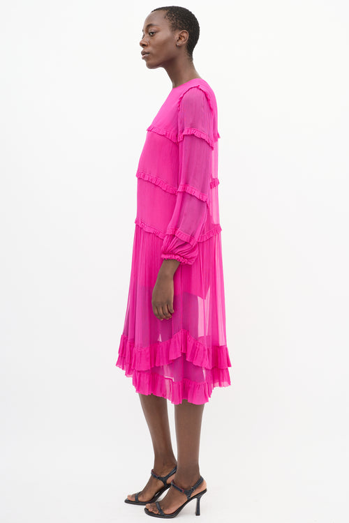 N°21 Fuchsia Plissé Ruffle Trim Tier Midi Dress