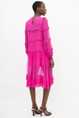 N°21 Fuchsia Plissé Ruffle Trim Tier Midi Dress