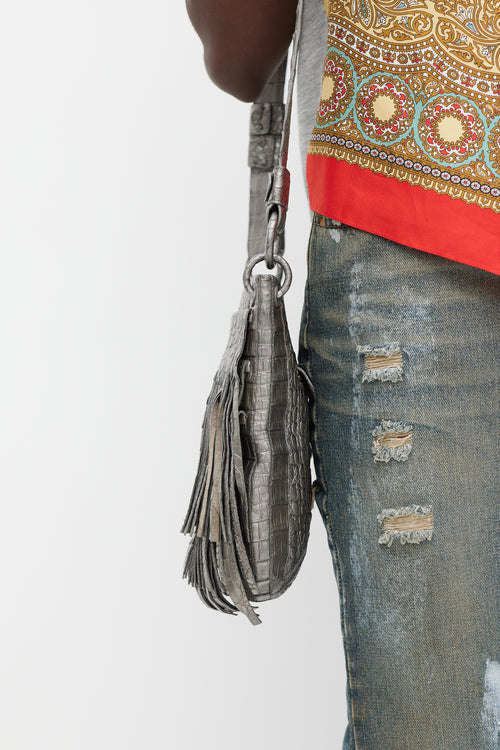 Nancy Gonzalez Silver Embossed Fringe Leather Bag