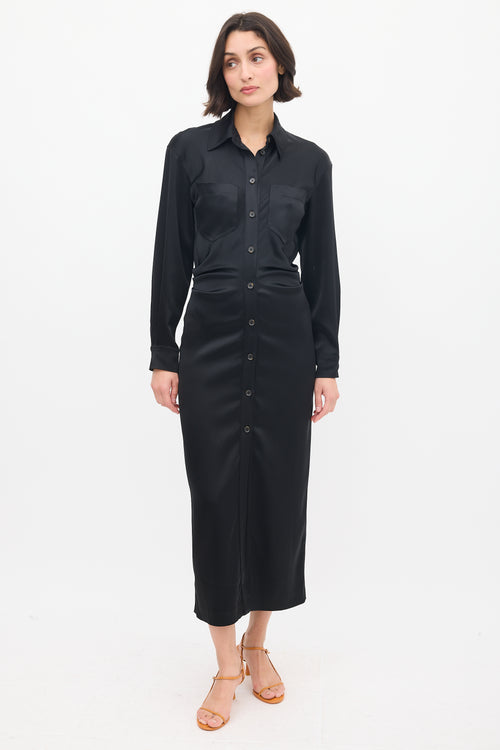 Nanushka Black Satin Pleated Midi Shirt Dress