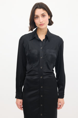 Nanushka Black Satin Pleated Midi Shirt Dress