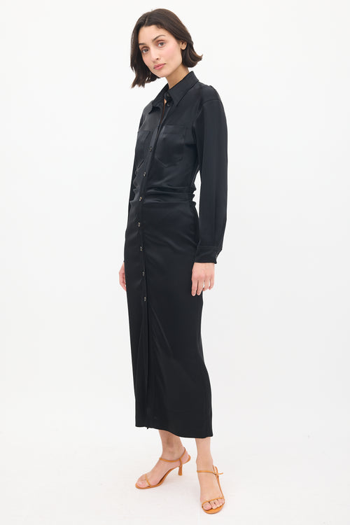 Nanushka Black Satin Pleated Midi Shirt Dress