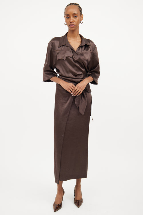 Nanushka Brown Satin Wrap Skirt & Shirt Set