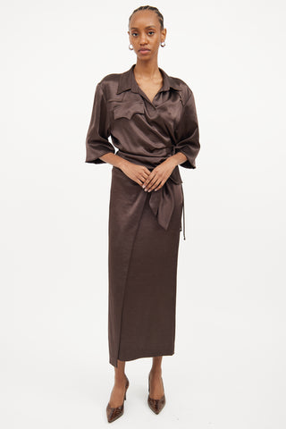 Nanushka Brown Satin Wrap Skirt & Shirt Set