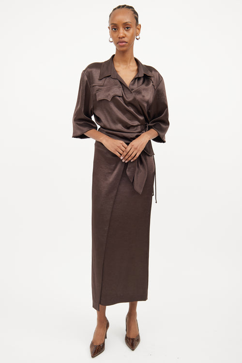 Nanushka Brown Satin Wrap Skirt & Shirt Set