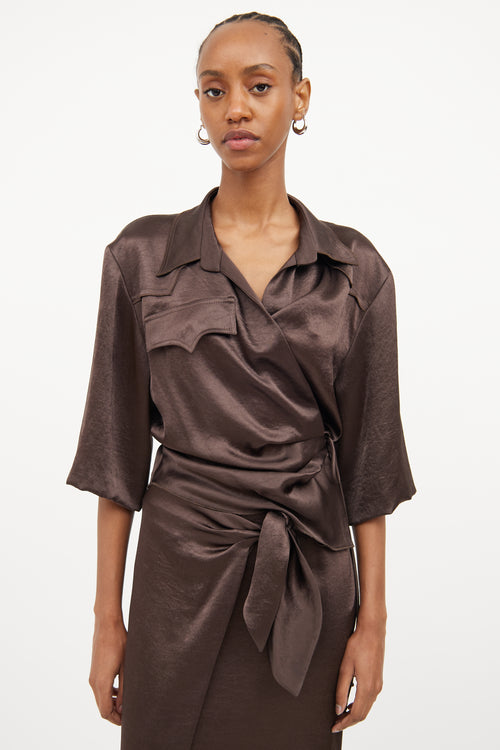 Nanushka Brown Satin Wrap Skirt & Shirt Set