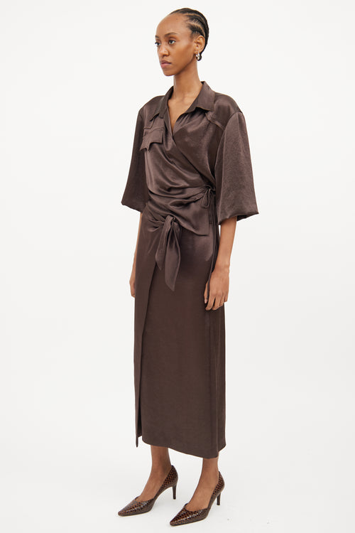 Nanushka Brown Satin Wrap Skirt & Shirt Set