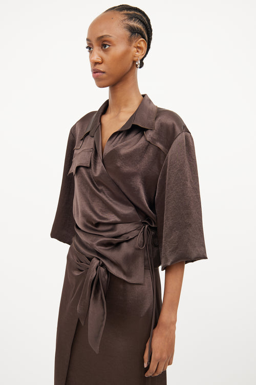 Nanushka Brown Satin Wrap Skirt & Shirt Set