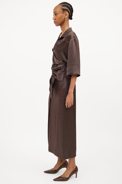 Nanushka Brown Satin Wrap Skirt & Shirt Set