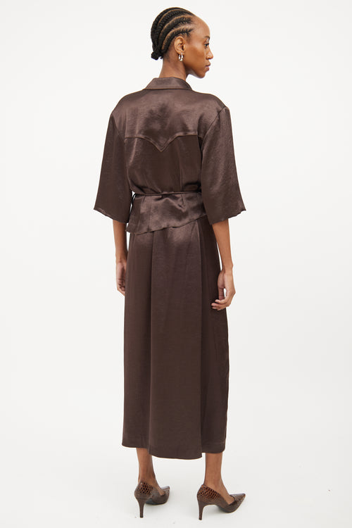 Nanushka Brown Satin Wrap Skirt & Shirt Set