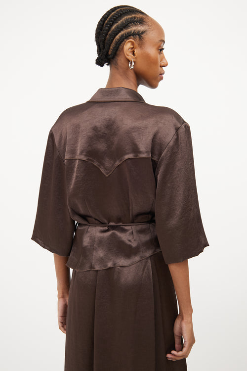 Nanushka Brown Satin Wrap Skirt & Shirt Set