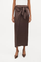 Nanushka Brown Satin Wrap Skirt & Shirt Set