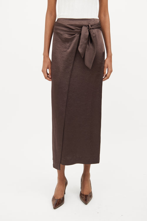 Nanushka Brown Satin Wrap Skirt & Shirt Set