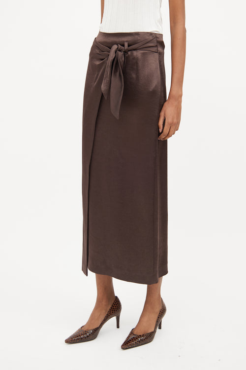 Nanushka Brown Satin Wrap Skirt & Shirt Set